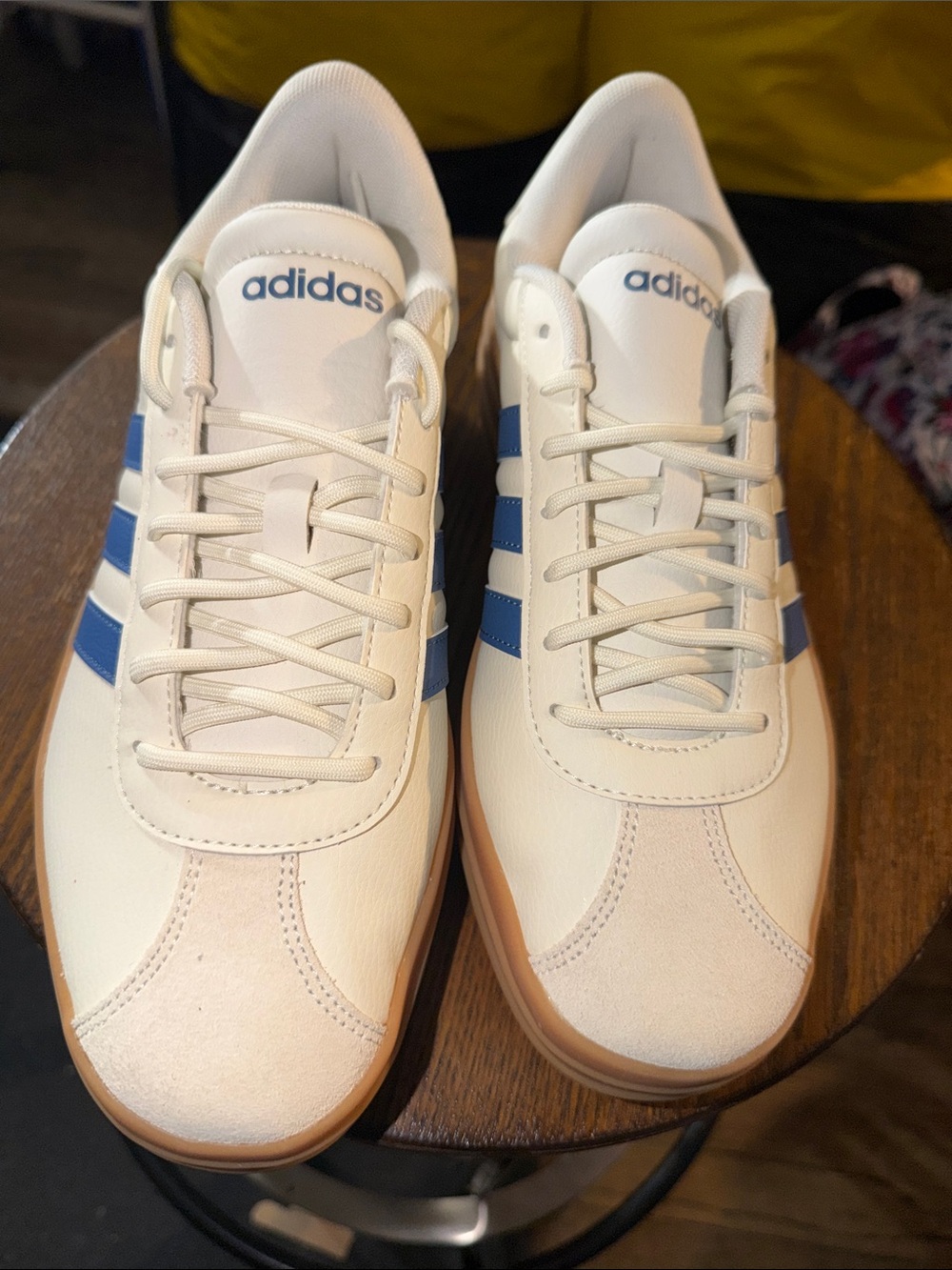 adidas Men’s White Sneakers with Blue Stripes and Gum Sole